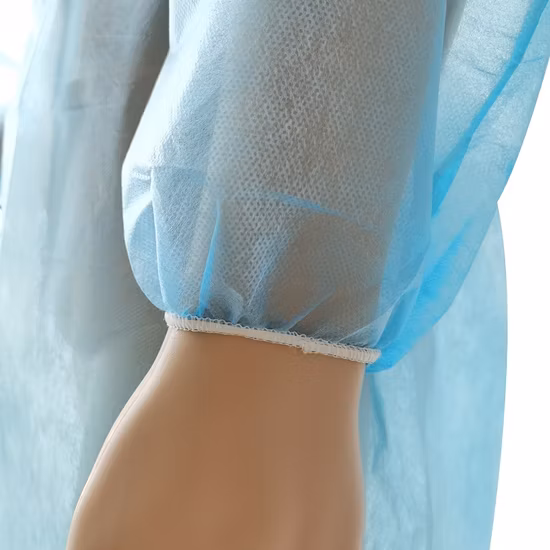 Batas de exame não tecidas descartáveis, resistente a fluidos, bata de isolamento de PP azul, bata de visitante Spp, bata de cirurgião de polipropileno com fecho de gravata